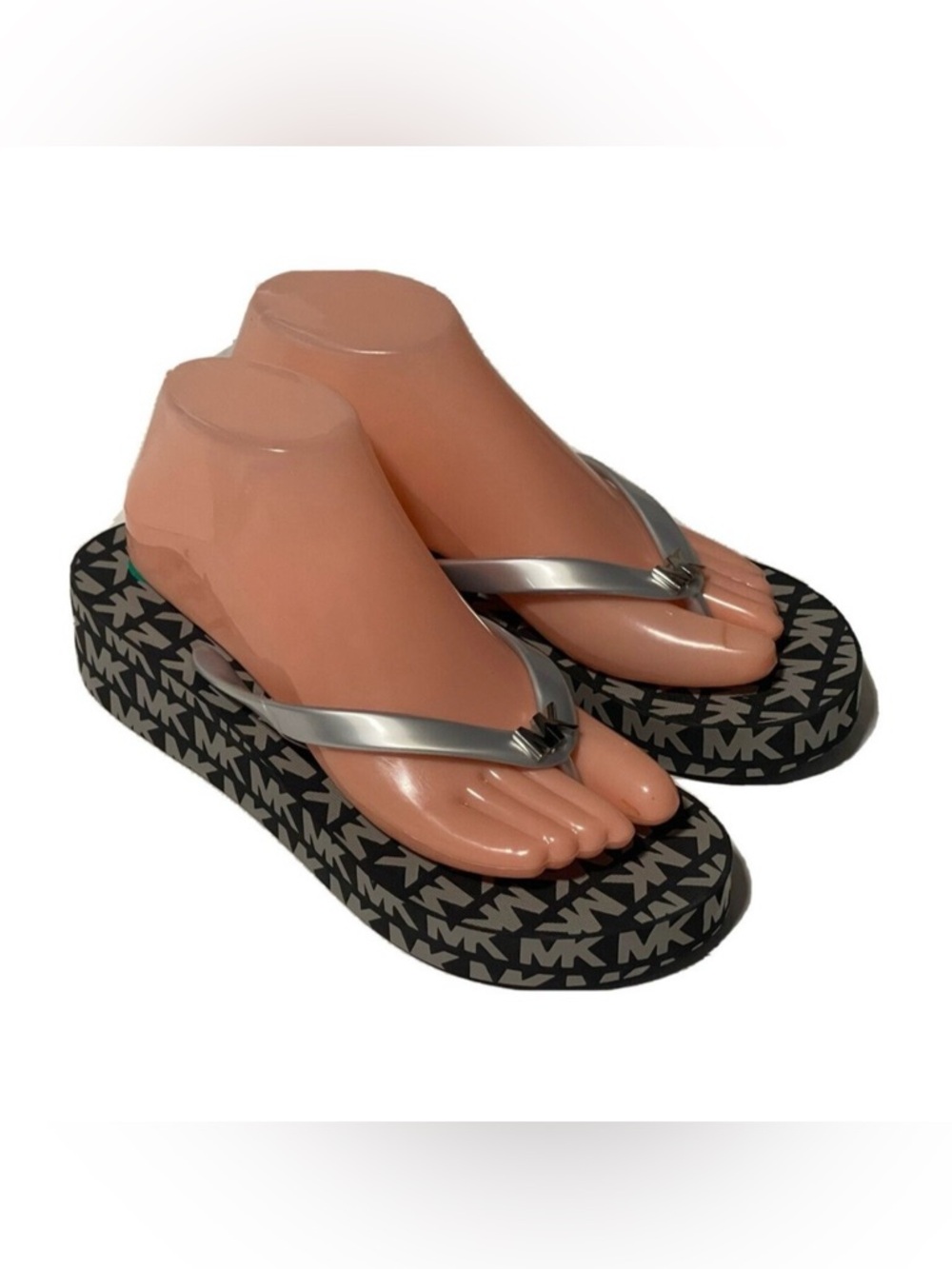 Michael Kors Silver Strap Wedge Sandals Sz 10 Black MK Logo Footbed flip flops